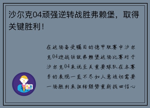 沙尔克04顽强逆转战胜弗赖堡，取得关键胜利！