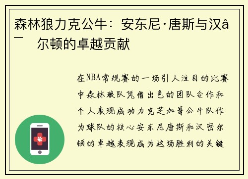 森林狼力克公牛：安东尼·唐斯与汉密尔顿的卓越贡献