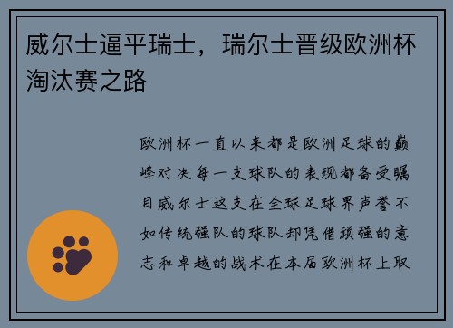 威尔士逼平瑞士，瑞尔士晋级欧洲杯淘汰赛之路