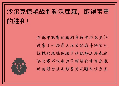 沙尔克惊艳战胜勒沃库森，取得宝贵的胜利！